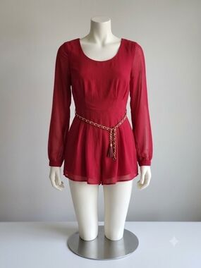 mine Red Chiffon Long-Sleeve Romper with Gold Chain Belt ( M ) Pre-owned